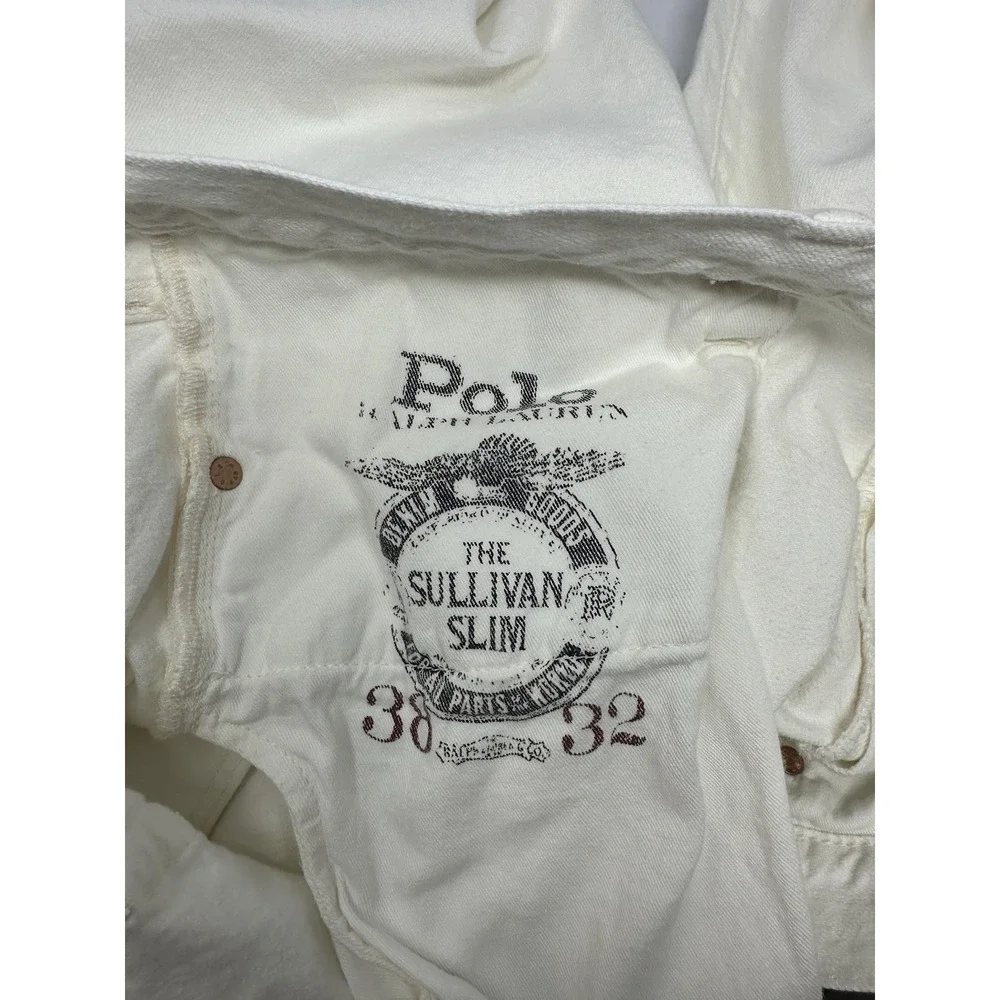 Polo Ralph Lauren The Sullivan Slim Jeans Mens Sz 38x32 Patch Distressed White